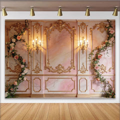 Lofaris Barocker Goldrahmen-Fotohintergrund mit rosa Marmor und Rosen, elegante Kulisse für Hochzeiten, Porträts und Events