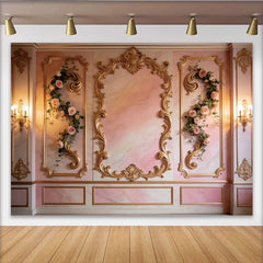 Lofaris Eleganter Rosa Marmor Fotohintergrund mit goldenen Ornamenten, luxuriöse Kulisse für professionelle Fotostudio-Aufnahmen