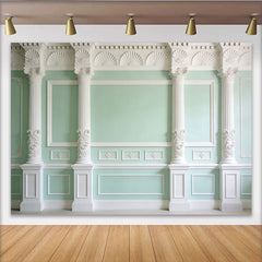 Lofaris Eleganter Architektur Fotohintergrund mit weißen Säulen und mintgrüner Wand, klassische Kulisse für Porträtaufnahmen und Events