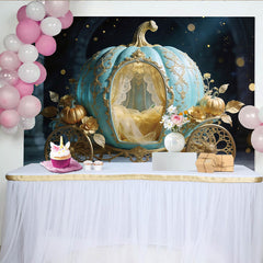 Lofaris Türkis-goldener Märchen-Kürbiskutschen-Fotohintergrund mit glitzernden Akzenten, luxuriöse Kulisse für Events und Fotostudio