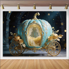 Lofaris Türkis-goldener Märchen-Kürbiskutschen-Fotohintergrund mit glitzernden Akzenten, luxuriöse Kulisse für Events und Fotostudio