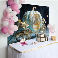 Lofaris Hellblauer goldener Märchen Kutschen Hintergrund mit funkelnden Lichtern, elegante Prinzessinnen Kulisse für Fotostudio Party