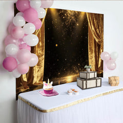 Lofaris Goldener Glitzer-Bühnenhintergrund mit Samtvorhängen, luxuriöse Kulisse für Fotostudio und festliche Anlässe
