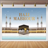 Lofaris Goldener Hadsch Hintergrund mit Kaaba und Moscheen, festliche Kulisse für islamische Feiern und spirituelle Fotografie