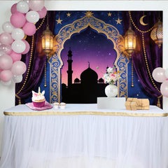 Lofaris Goldener Arabischer Bogen Ramadan Hintergrund mit Laternen und Sternen, festliche Kulisse für islamische Feierlichkeiten und Fotostudio