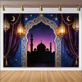 Lofaris Goldener Arabischer Bogen Ramadan Hintergrund mit Laternen und Sternen, festliche Kulisse für islamische Feierlichkeiten und Fotostudio