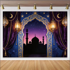 Lofaris Goldener Arabischer Bogen Ramadan Hintergrund mit Laternen und Sternen, festliche Kulisse für islamische Feierlichkeiten und Fotostudio