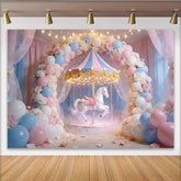Lofaris Verträumter Karussell-Geburtstagshintergrund in Pastellfarben mit Luftballons, elegante Partykulisse für Mädchen und Fotoshootings