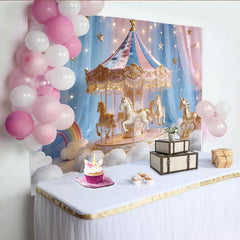 Lofaris Verträumter Rosa Blau Märchen-Karussell Fotohintergrund mit Sternen und Regenbogen für Fotoshooting, zauberhafte Kulisse