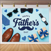 Lofaris Happy Father's Day Vatertagshintergrund mit Schnurrbart und Geschenken, blaue Fotowand für Papa Partydekoration