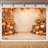 Lofaris Rustikaler Kleiner Kürbis Babyparty Hintergrund mit Herbstblättern und Lichterketten, gemütliche Fotokulisse für Babyfotoshooting