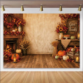 Lofaris Rustikaler Erntedankfest Hintergrund mit Give Thanks Schild, Herbstblättern und Kürbissen, gemütliche Fotokulisse für Familienfotos