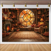 Lofaris Gemütlicher Herbstzimmer Hintergrund mit Kamin und Fenster, rustikale Kulisse für Herbstfotoshooting und warme Dekoration