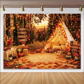 Lofaris Gemütlicher Herbstwald Hintergrund mit Tipi Zelt und Lichterketten, farbenfrohe Herbstblätter Kürbisse Fotowand für Outdoor Fotografie