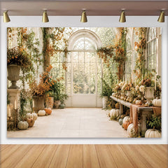 Lofaris Eleganter Herbst Wintergarten Fotohintergrund mit Kürbissen, natürliche Kulisse für Fotoshootings und Herbstdekoration