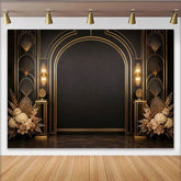 Lofaris Eleganter Schwarz-Gold Art-Déco Fotohintergrund mit Blumen und Linien, luxuriöse Kulisse für Eventdekoration und Fotoshootings
