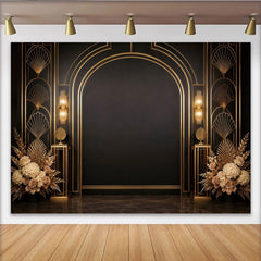 Lofaris Eleganter Schwarz-Gold Art-Déco Fotohintergrund mit Blumen und Linien, luxuriöse Kulisse für Eventdekoration und Fotoshootings