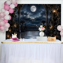 Lofaris Gotischer Vollmond-Balkon Fotohintergrund mit dunklen Rosen, dramatische Kulisse für Halloween und Fotoshootings