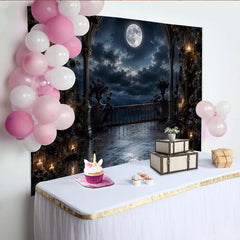 Lofaris Gotischer Vollmond-Balkon Fotohintergrund mit dunklen Rosen, dramatische Kulisse für Halloween und Fotoshootings