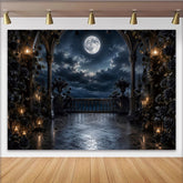 Lofaris Gotischer Vollmond-Balkon Fotohintergrund mit dunklen Rosen, dramatische Kulisse für Halloween und Fotoshootings