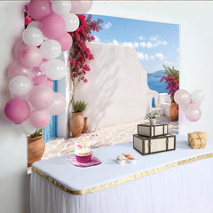Lofaris Griechische Insel Fotohintergrund mit rosa Bougainvillea und blauer Tür, mediterrane Wanddekoration für Sommerurlaub Fotoshooting