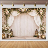 Lofaris Rustikaler Hochzeitsfotohintergrund mit weißen Blumen und Vorhängen, elegante Kulisse für romantische Events und Fotoshootings