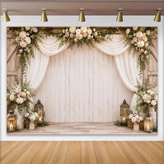 Lofaris Rustikaler Hochzeitsfotohintergrund mit weißen Blumen und Vorhängen, elegante Kulisse für romantische Events und Fotoshootings