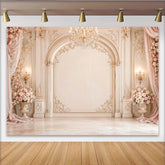 Lofaris Eleganter Barock Fotohintergrund mit rosa Blumen und Kronleuchter, luxuriöse Kulisse für Hochzeiten und Porträts