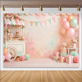 Lofaris Geburtstagshintergrund in Pastellfarben mit Dessertwagen Luftballons und Geschenken, süße Partydekoration für Fotoshooting
