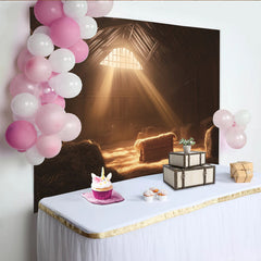 Lofaris Rustikaler Krippenstall-Hintergrund mit Heu und Sonnenstrahlen, warme Weihnachtskulisse für Fotostudio und Krippenspiel