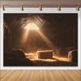 Lofaris Rustikaler Krippenstall-Hintergrund mit Heu und Sonnenstrahlen, warme Weihnachtskulisse für Fotostudio und Krippenspiel