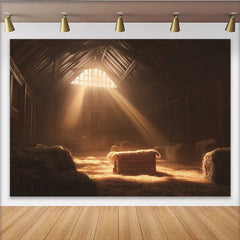 Lofaris Rustikaler Krippenstall-Hintergrund mit Heu und Sonnenstrahlen, warme Weihnachtskulisse für Fotostudio und Krippenspiel