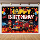 Lofaris Cartoon Feuerwehr Geburtstagshintergrund für Kinder mit Feuerwehrauto und Flammen, bunte Partydekoration, für Jungen und Mädchen