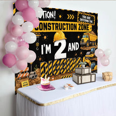 Lofaris Bau-Geburtstagshintergrund für den 2. Geburtstag mit Baufahrzeugen, lustige Fotokulisse für Kinderparty und Fotoshooting