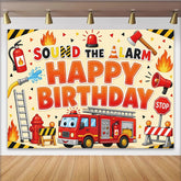 Lofaris Cartoon Feuerwehr Geburtstagshintergrund mit Feuerwehrauto und Alarm, lustige Fotokulisse für Kinderparty Dekoration und Fotoshooting