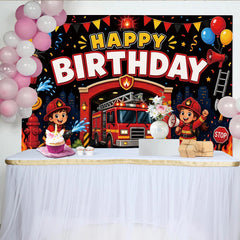 Lofaris Feuerwehr-Geburtstagshintergrund für Kinder mit Feuerwehrauto, bunte Partykulisse mit Luftballons und Konfetti für Fotoshootings