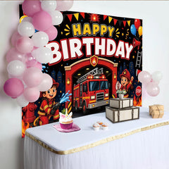 Lofaris Feuerwehr-Geburtstagshintergrund für Kinder mit Feuerwehrauto, bunte Partykulisse mit Luftballons und Konfetti für Fotoshootings