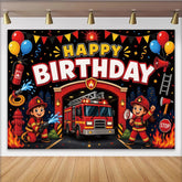 Lofaris Feuerwehr-Geburtstagshintergrund für Kinder mit Feuerwehrauto, bunte Partykulisse mit Luftballons und Konfetti für Fotoshootings