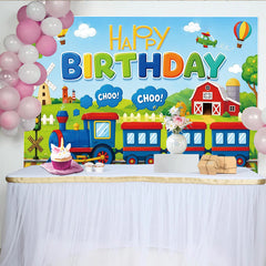 Lofaris Bunter fröhlicher Eisenbahn Geburtstagshintergrund für Kinder, mit Bauernhof-Szene und Luftballons, perfekte Fotowand für Partys