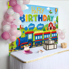 Lofaris Bunter fröhlicher Eisenbahn Geburtstagshintergrund für Kinder, mit Bauernhof-Szene und Luftballons, perfekte Fotowand für Partys