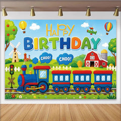 Lofaris Bunter fröhlicher Eisenbahn Geburtstagshintergrund für Kinder, mit Bauernhof-Szene und Luftballons, perfekte Fotowand für Partys