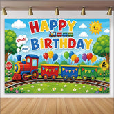 Lofaris Bunter Cartoon Zug-Geburtstagshintergrund für Kinder mit Happy Birthday, fröhliche Partydekoration mit Ballons für Fotoshooting