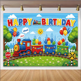Lofaris Bunter Cartoon Eisenbahn Geburtstagshintergrund mit Luftballons Happy Birthday, fröhliche Fotokulisse für Kinder Party Dekoration
