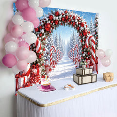 Lofaris Verschneiter Weihnachts-Hintergrund mit rotem Bogen und Zuckerstangen, festliche Fotokulisse für Winterwunderland-Fotoshootings