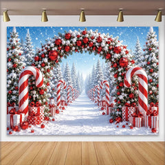 Lofaris Verschneiter Weihnachts-Hintergrund mit rotem Bogen und Zuckerstangen, festliche Fotokulisse für Winterwunderland-Fotoshootings