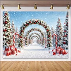 Lofaris Schneebedeckter Weihnachtsbogen Hintergrund mit roten Kugeln und Zuckerstangen, festliche Winterkulisse für Fotoshootings