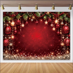 Lofaris Funkelnder roter Weihnachtshintergrund mit Sternen und Kugeln, elegante Fotowand für festliche Fotoshootings und Partydekoration