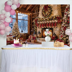 Lofaris Gemütlicher Weihnachtshintergrund mit Kamin und Weihnachtsbaum, festliche Kulisse für winterliche Fotoshootings und Dekoration