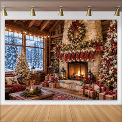 Lofaris Gemütlicher Weihnachtshintergrund mit Kamin und Weihnachtsbaum, festliche Kulisse für winterliche Fotoshootings und Dekoration