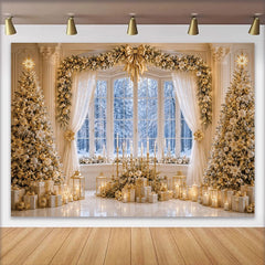 Lofaris Goldener Weihnachts-Hintergrund mit festlichen Bäumen und verschneitem Fenster, elegante Winterkulisse für Fotoshooting